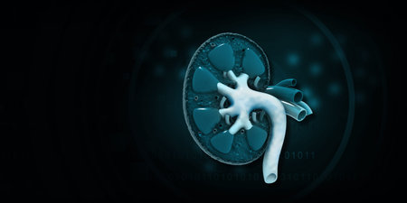 Human kidney anatomy on blue background. 3d illustrationの写真素材