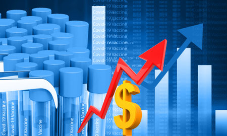Corona vaccine with dollar and arrow graph. 3d illustrationの写真素材