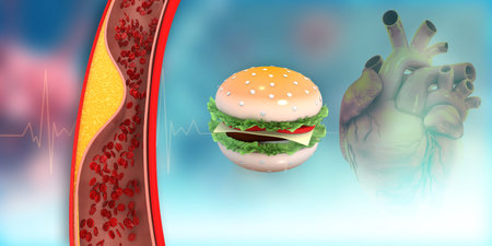 Blocked arteries with junk food and heart. 3d illustrationの写真素材