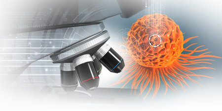 Close up view of microscope with virus cell. 3d illustrationの写真素材