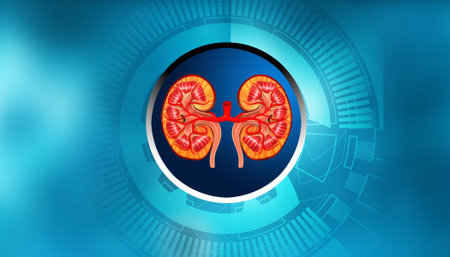 Human kidney anatomy on digital technology background. 3d illustrationの写真素材