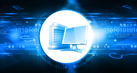 Desktop computer on abstract technology background. 3d illustrationの写真素材