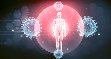 Human body  with covid 19. Scientific background. 3d illustrationの写真素材