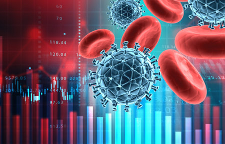 Economic growth chart with coronavirus. 3d illustrationの写真素材