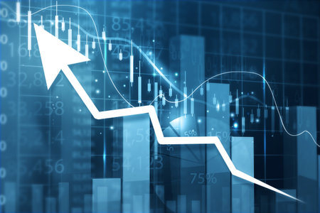 Moving arrow on stock market graph chart. 3d illustrationの写真素材