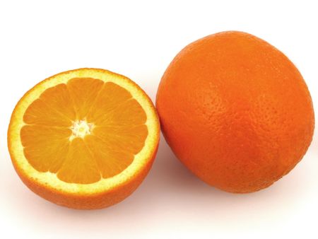 One Orange and half on white backgroundの写真素材