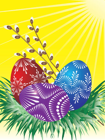 Vector of three coloured eggs with sunのイラスト素材