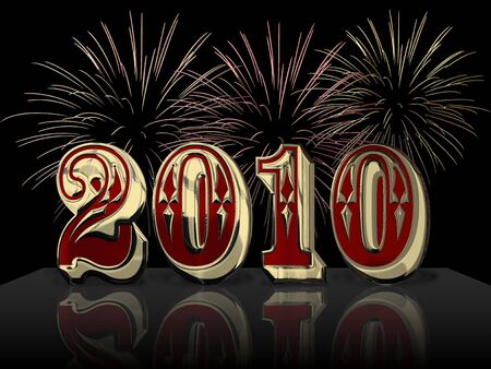 Happy New Year 2010 with coulored fireworksの写真素材