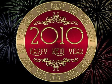 Coin on the Happy New Year 2010 with fireworks in the backgroundの写真素材