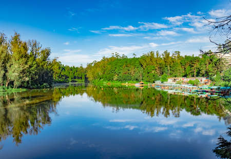 lake pristine with green forest water reflection and bright blue sky at morning image is taken at ooty lake tamilnadu south india. it is showing the beautiful landscape of south india.の写真素材