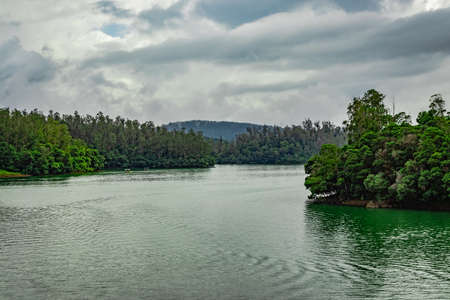 lake pristine with forest water reflection at morning image is taken at south india. it is showing the beautiful landscape of south india.の写真素材