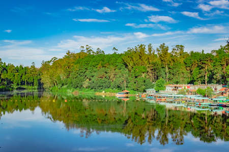 lake pristine with green forest water reflection and bright blue sky at morning image is taken at ooty lake tamilnadu south india. it is showing the beautiful landscape of south india.の写真素材
