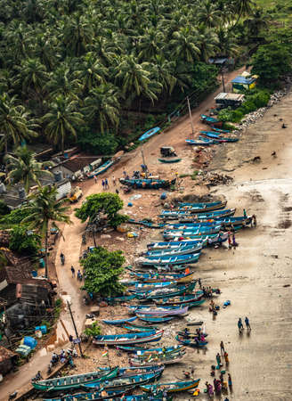 fishing boats many at sea shore at early morning aerial shots image is take at murdeshwar karnataka india on Jan 05 2020. it is the very holy as well as touristic place in karnataka.のeditorial素材
