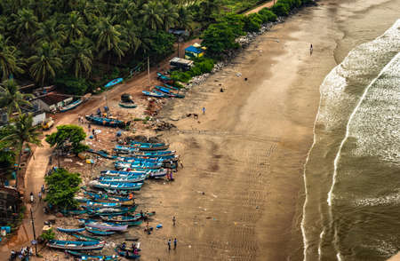 fishing boats many at sea shore at early morning aerial shots image is take at murdeshwar karnataka india on Jan 05 2020. it is the very holy as well as touristic place in karnataka.のeditorial素材