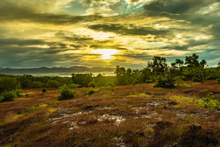 sunrise view of mountain terrain from flat angel image is taken at gokarna karnataka india.の写真素材