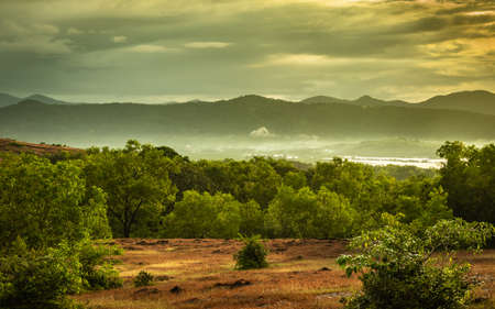 sunrise view at dawn of mountain terrain from flat angel image is taken at gokarna karnataka india.の写真素材