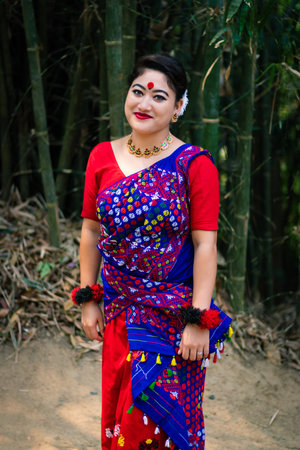 girl smiling face isolated dressed in traditional wearing on festival with blurred background image...