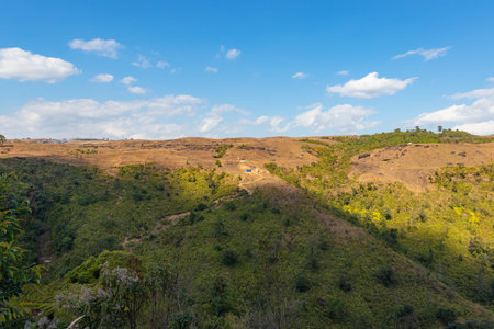 yellow grass mountain range with bright blue sky at morning from flat angle image taken on sohra...