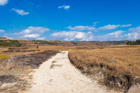 countryside fields with leading line of white sand bright and blue sky at morning from flat angleの写真素材