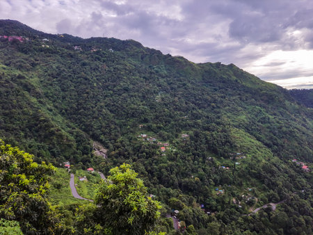 green mountain with dramatic sky at morning from hill top image is taken at kurseong darjeeling west bengal india.の写真素材