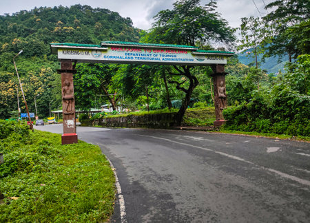 city entry gate with leading tarmac road at morning from flat angle image is taken at darjeeling west bengal india on Sep 18 2021.のeditorial素材