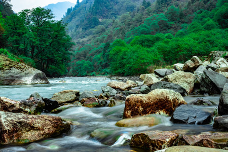 mountain river flowing at valley with forest at day from flat angle