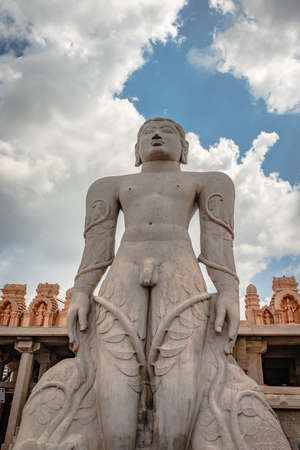 image is taken at shravanbelgola karnataka india on Dec 02 2019. bhagawan bahubali tallest nude statue symbolizing Peace, Non violence, sacrifice worldly affairs, and simple living.の写真素材