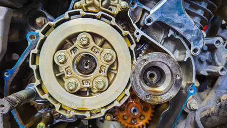 motorcycle engine clutch plate mechanism from flat angleの写真素材
