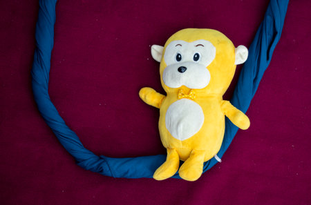 teddy bear laying on red velvet cloth with swing concept photographyの写真素材