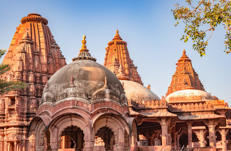 ancient hindu temple architecture with bright blue sky from unique angle at day