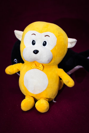 isolated yellow teddy with dark maroon background from front angleの写真素材