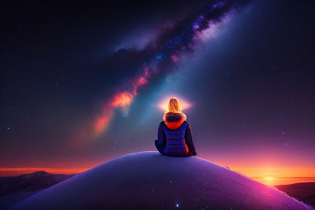 women top of a hill with dramatic milky way view at night by generated aiの素材
