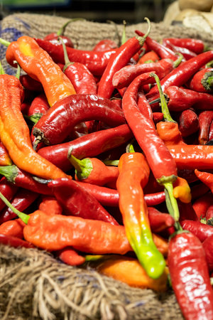 Giant red chilli pepper at vegetable store for sale at evening