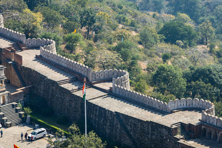 ancient fort wall architecture bird eye view at morning from flat angle image is taken at Kumbhal fort kumbhalgarh rajasthan india.の写真素材