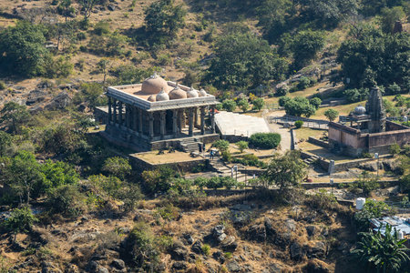isolated temple situated in the middle of forests at morning from flat angle image is taken at Kumbhal fort kumbhalgarh rajasthan india.の写真素材