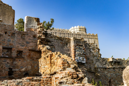ancient fort wall ruins with bright blue sky at morning image is taken at Kumbhal fort kumbhalgarh rajasthan india.の写真素材