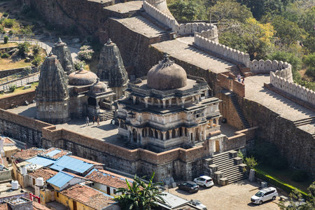 ancient unique architecture temple bird eye view at morning from flat angle image is taken at Kumbhal fort kumbhalgarh rajasthan india.の写真素材
