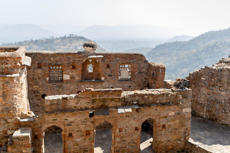 ancient fort ruins brick wall at morning from flat angle image is taken at Kumbhal fort kumbhalgarh rajasthan india.の写真素材