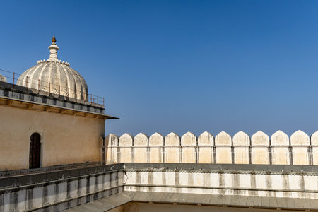 ancient fort stone wall with bright blue sky at morning image is taken at Kumbhal fort kumbhalgarh rajasthan india.の写真素材