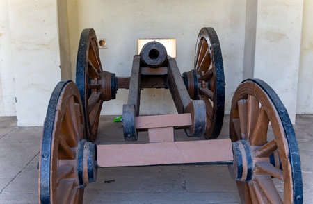 vintage cannon kept for ancient fort protection at morning from different angle image is taken at Kumbhal fort kumbhalgarh rajasthan india.の写真素材