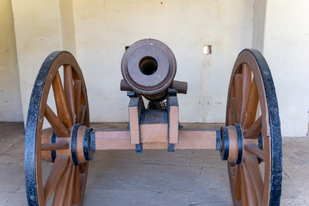 vintage cannon kept for ancient fort protection at morning from different angle image is taken at Kumbhal fort kumbhalgarh rajasthan india.の写真素材