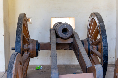 vintage cannon kept for ancient fort protection at morning from different angle image is taken at Kumbhal fort kumbhalgarh rajasthan india.の写真素材
