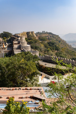 isolated ancient fort unique architecture with bright blue sky at morning image is taken at Kumbhal fort kumbhalgarh rajasthan india.の写真素材
