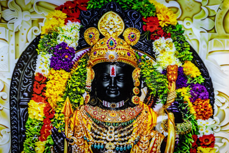 hindu god lord rama from Ramayana black stone statue from flat angle in details image is taken at Shree Ram Janmabhoomi Mandir Ayodhya uttar pradhesh india.の写真素材