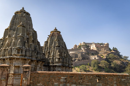 ancient temple dome unique architecture with bright blue sky at morning image is taken at Kumbhal fort kumbhalgarh rajasthan india.の写真素材