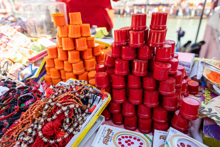 hindu holy vermilion kept for selling at street shop at morning