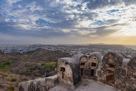 city view with ancient fort wall and dramatic sky at evening from different angle image is taken at...