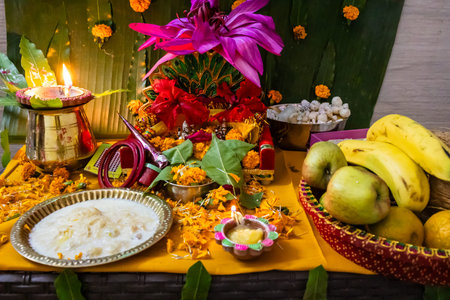holy hindu god worship with flowers at durga pooja festival at night from different angle