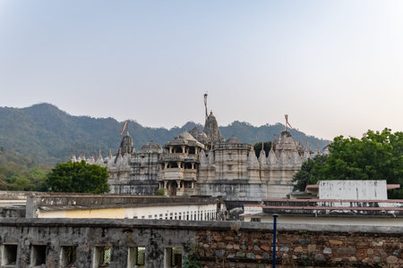 ancient unique temple architecture with bright blue sky at day from different angle image is taken at ranakpur jain temple rajasthan india.の写真素材