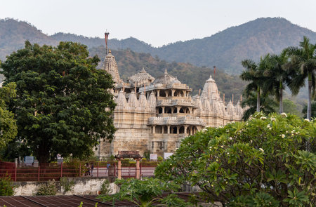 ancient unique temple architecture with bright blue sky at day from unique perspective image is taken at ranakpur jain temple rajasthan india.の写真素材